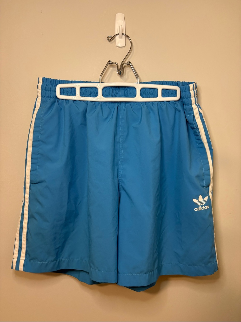 Adidas Blue, 3 Stripe White Detail. Men’s Swim Trunks